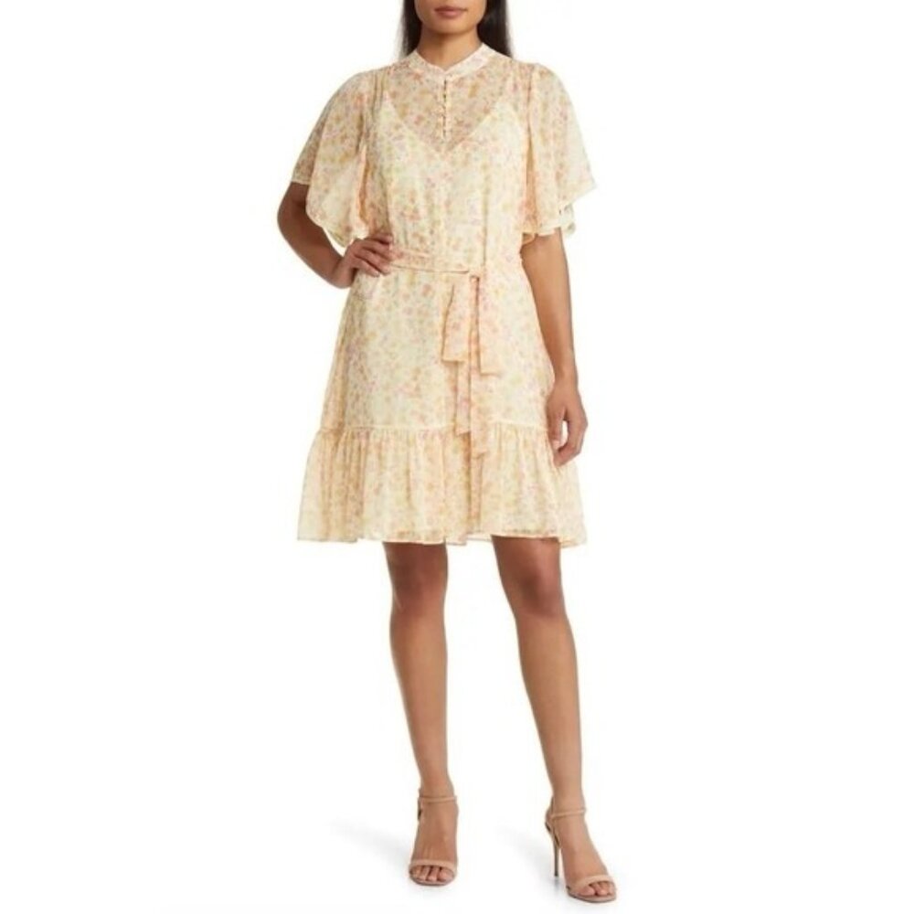 RACHEL PARCELL Women's Dress SMALL Ditsy Tie Waist‎ Flutter Sleeve Yellow Floral